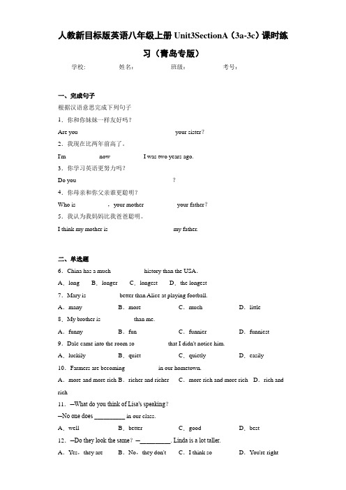 人教新目标版英语八年级上册Unit3SectionA(3a-3c)课时练习(青岛专版)(答案+解析)