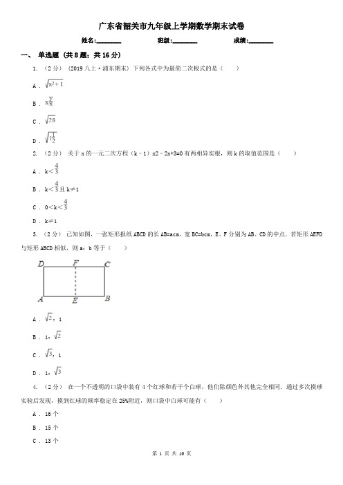 广东省韶关市九年级上学期数学期末试卷