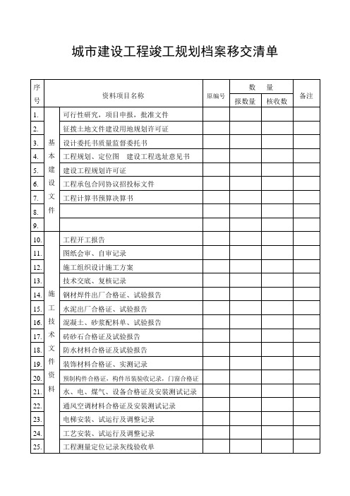 城市建设工程竣工规划档案移交清单