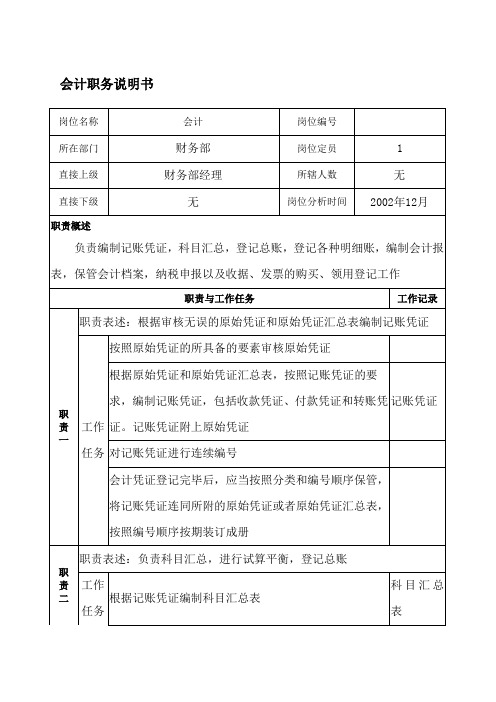 【职务说明书范例】房地产开发公司会计职务说明书(WORD5页)