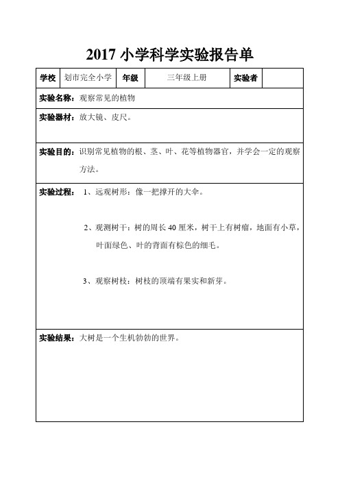 2017三年级科学上册实验报告单(已填)