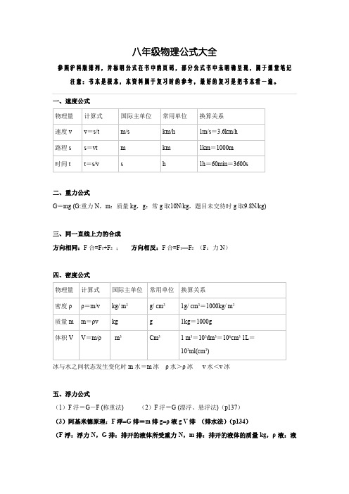 八年级物理公式大全