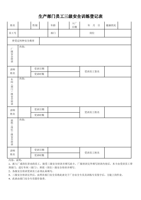 三级安全教育登记卡