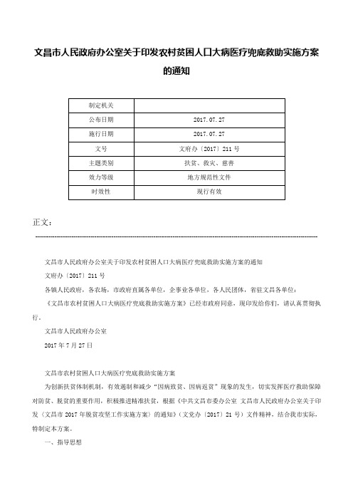 文昌市人民政府办公室关于印发农村贫困人口大病医疗兜底救助实施方案的通知-文府办〔2017〕211号