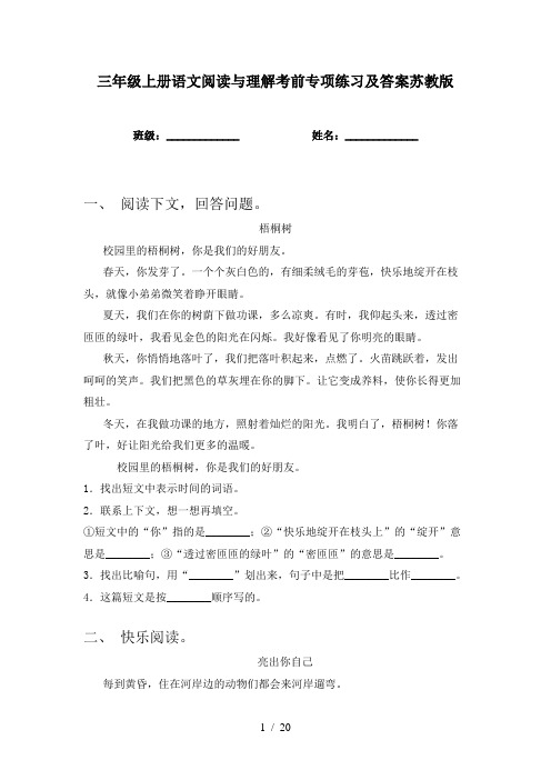 三年级上册语文阅读与理解考前专项练习及答案苏教版