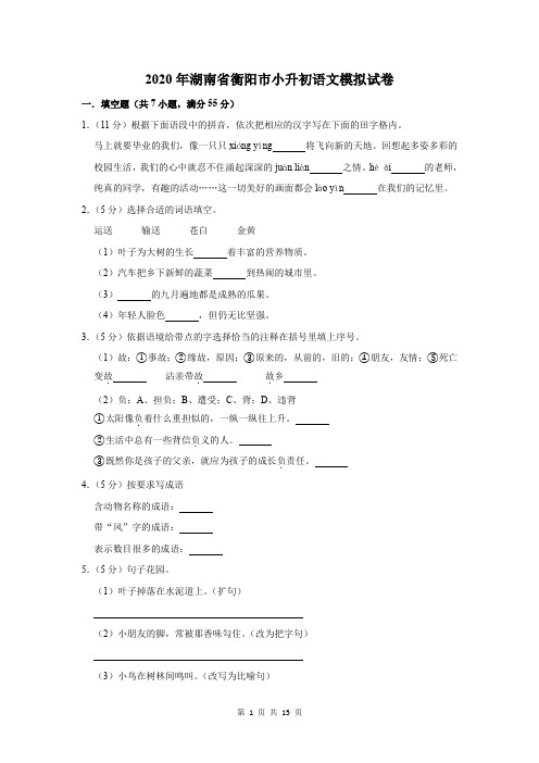 2020年湖南省衡阳市小升初语文模拟试卷及答案解析