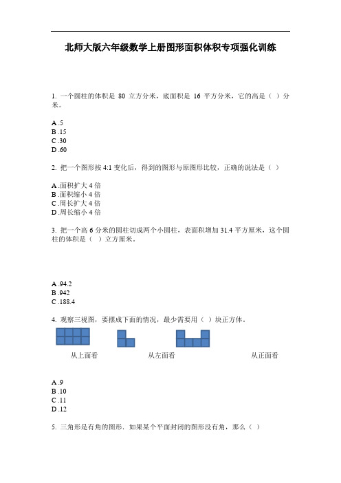 北师大版六年级数学上册图形面积体积专项强化训练