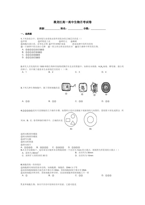 黑龙江高一高中生物月考试卷带答案解析
