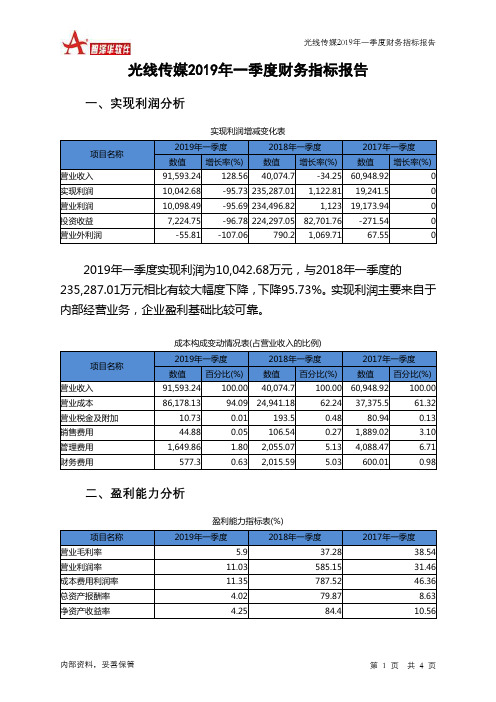 光线传媒2019年一季度财务指标报告