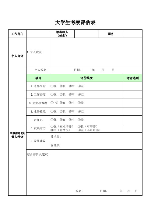 大学生考核表格