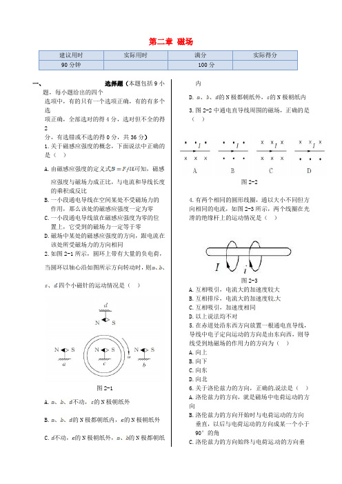 高中物理 第二章 磁场同步检测 新人教版选修1-1 