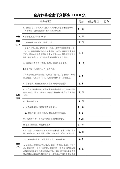 全身体格检查评分标准(表)