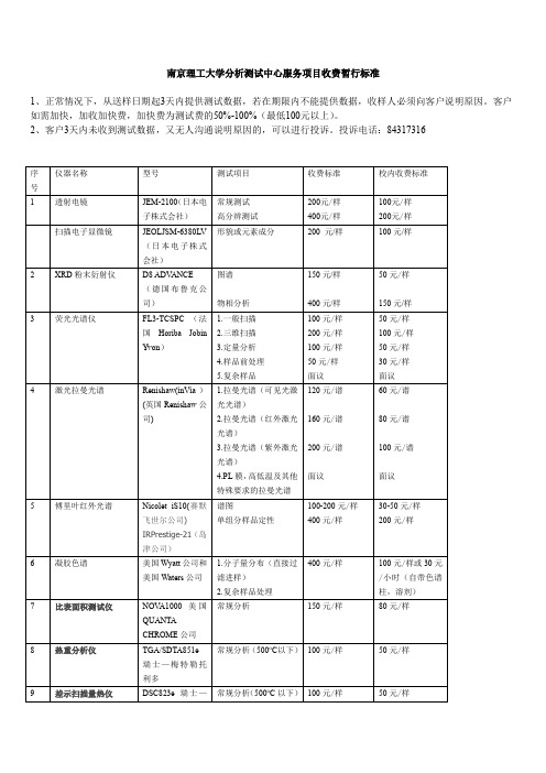 南京理工大学分析测试中心服务项目收费标准