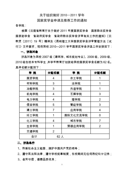 昆明理工大学国家奖学金评审通知