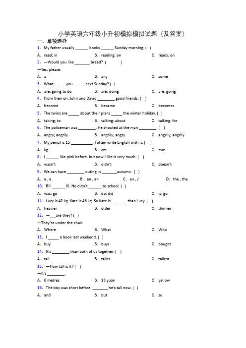 小学英语六年级小升初模拟模拟试题(及答案)