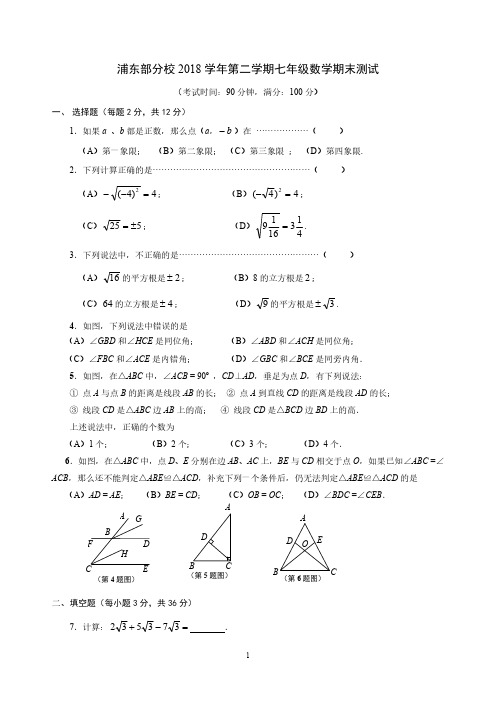 上海市浦东新区部分校2018-2019学年第二学期七年级数学期末试卷(PDF版)