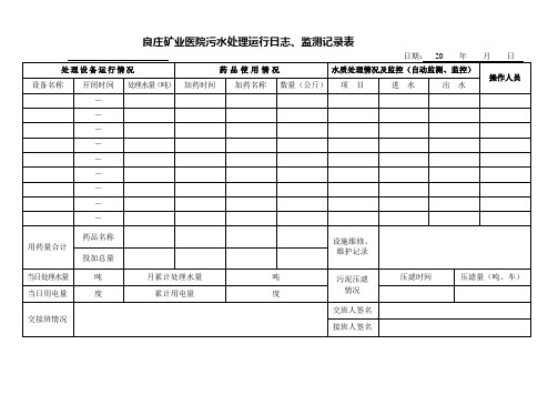 良庄矿业医院污水处理运行日志、监测记录表污水处理设施运行记录表