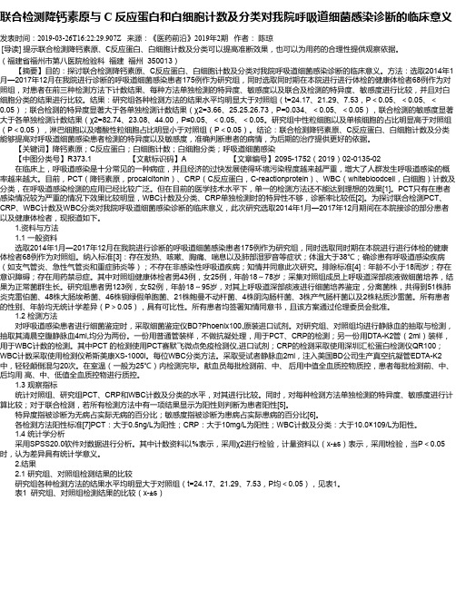 联合检测降钙素原与 C 反应蛋白和白细胞计数及分类对我院呼吸道细