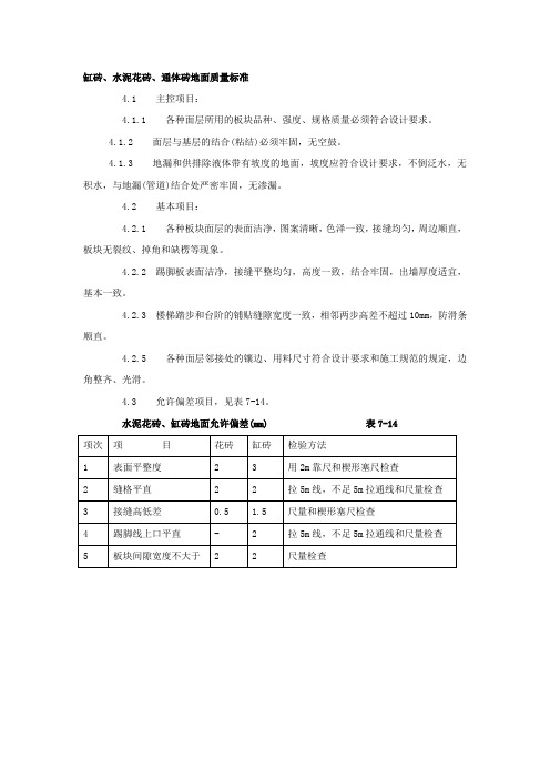 缸砖、水泥花砖、通体砖地面质量标准