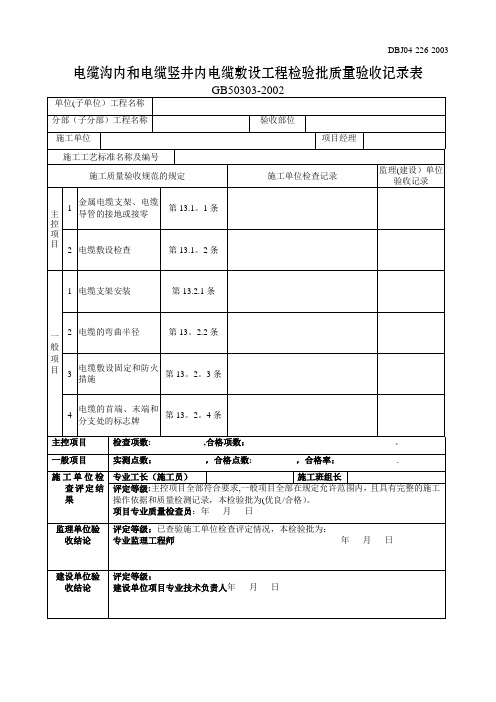 电缆沟内和电缆竖井内电缆敷设工程检验批质量验收记录表