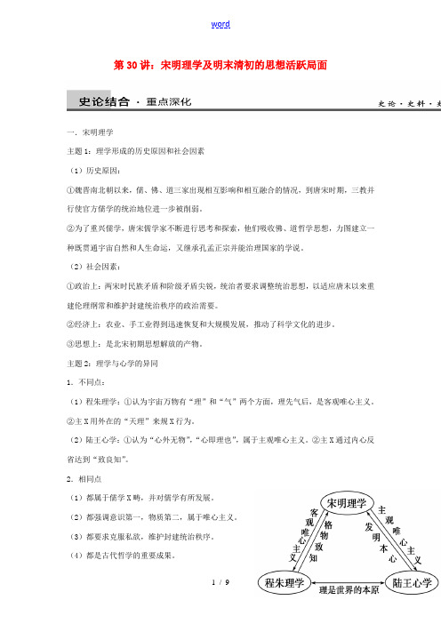 高中历史 考点深化与探究 第30讲 宋明理学及明末清初的思想活跃局面 新人教版必修3-新人教版高二必