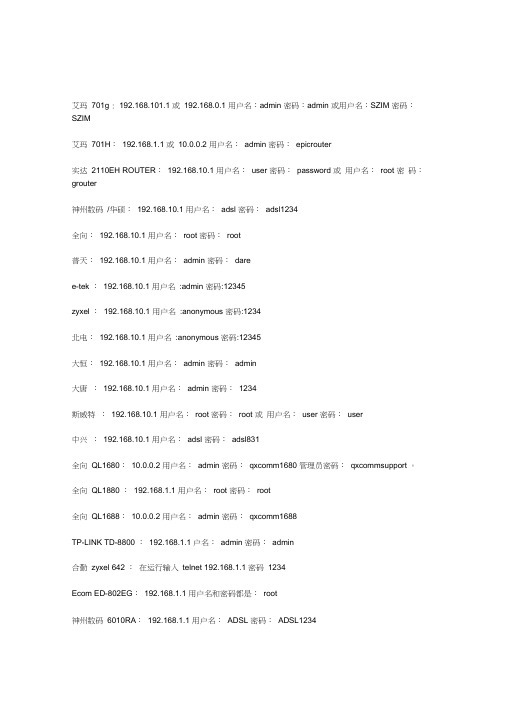 常见路由器默认登录用户名和密码(大全)