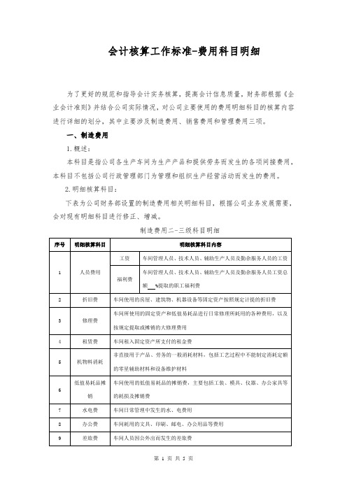 会计核算工作标准--费用科目明细