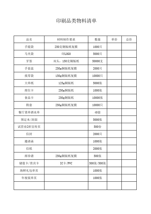 印刷品类物料清单xls