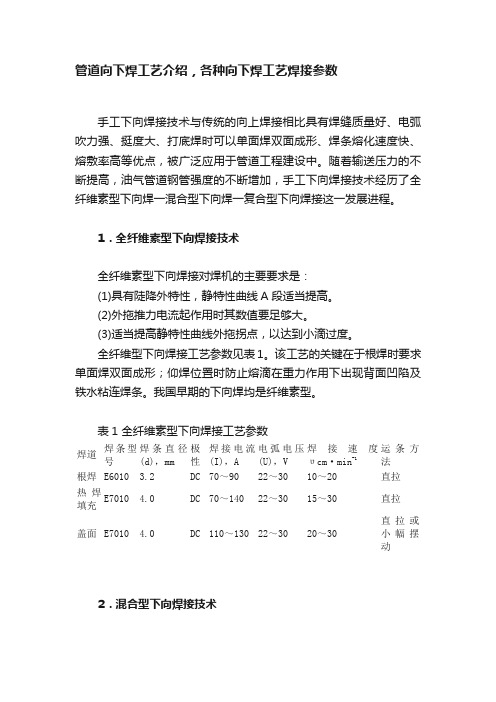 管道向下焊工艺介绍，各种向下焊工艺焊接参数