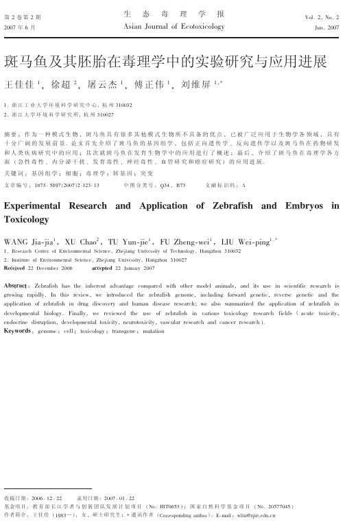 斑马鱼及其胚胎在毒理学中的实验研究与应用进展