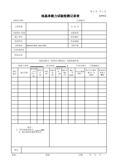 QJ0301a-地基承载力(重型动力触探法)试验1+1原始记录表格