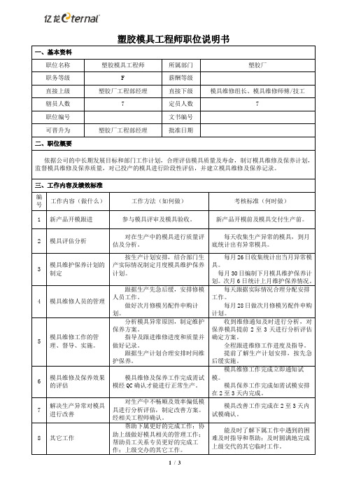 塑胶模具工程师岗位说明书