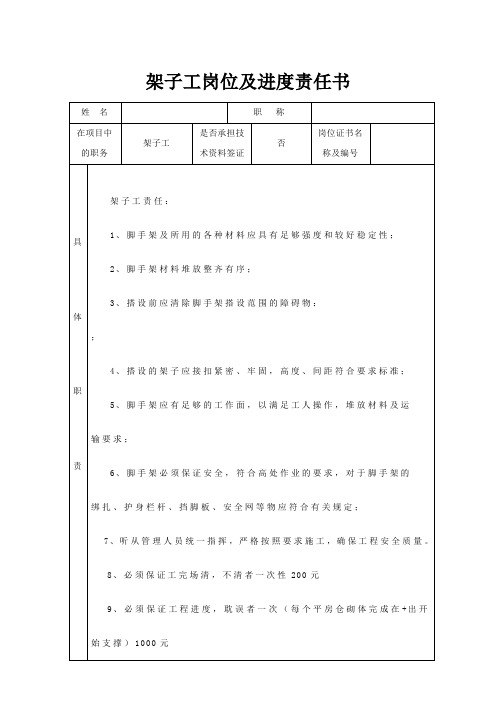 各工种安全、岗位责任书