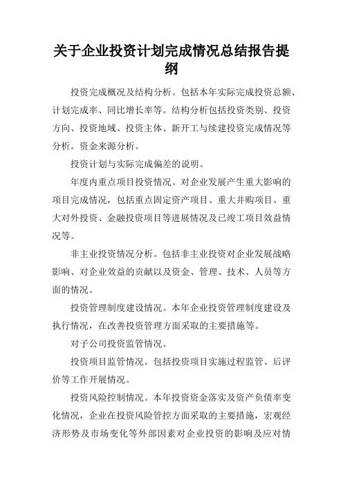 关于企业投资计划完成情况总结报告提纲