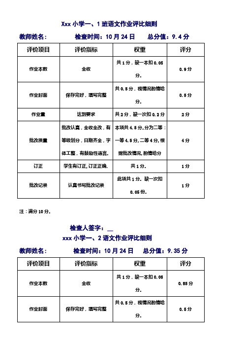 小学语文作业检查记录