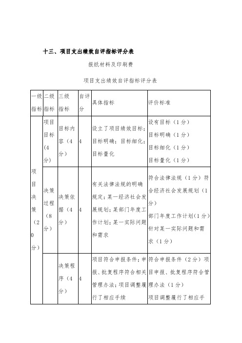 十项目支出绩效自评指标评分表