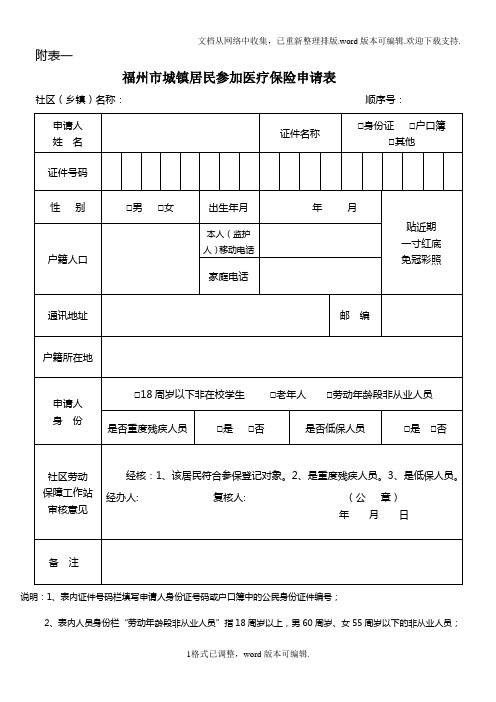 福州市城镇居民参加医疗保险申请表