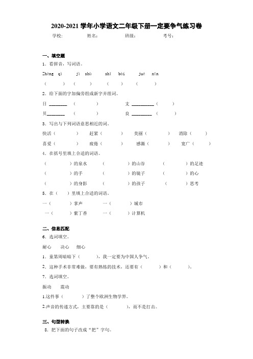 2021-2022学年小学语文二年级下册一定要争气练习卷