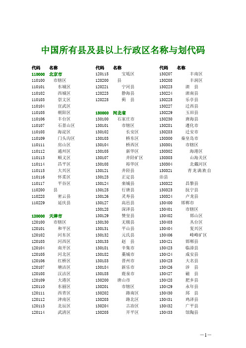 中国所有县及县以上行政区名称与划代码