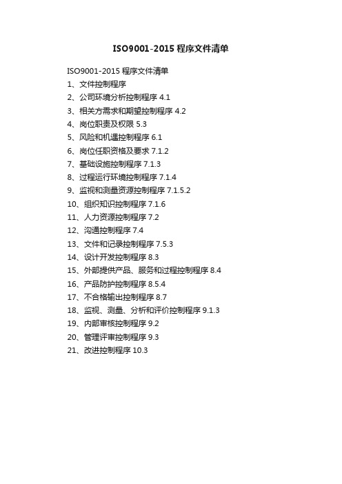 ISO9001-2015程序文件清单