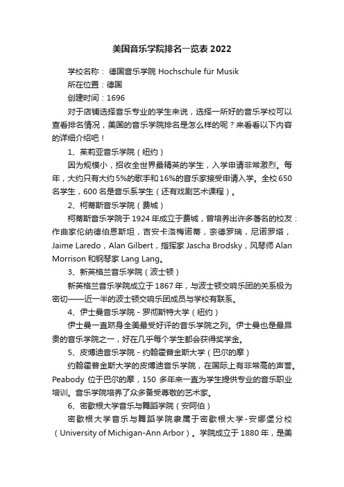 美国音乐学院排名一览表2022