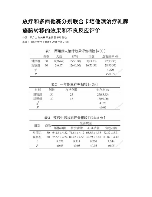 放疗和多西他赛分别联合卡培他滨治疗乳腺癌脑转移的效果和不良反应评价