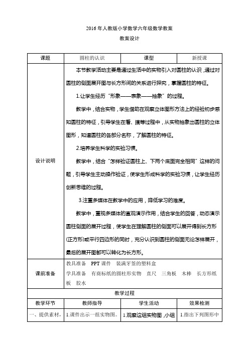 2016人教版六年级数学下册全册教案表格式