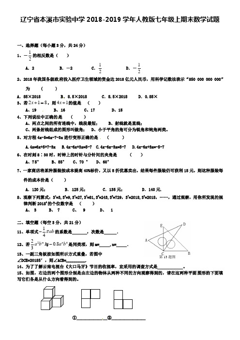 辽宁省本溪市实验中学2018-2019学年人教版七年级上期末数学试题