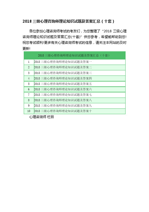 2018三级心理咨询师理论知识试题及答案汇总（十套）