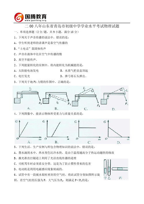 2008年山东青岛中考物理试题及答案