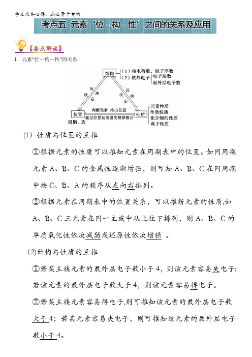 物质结构元素周期律考点五元素“位-构-性”之间的关系及应用