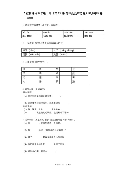 人教新课标五年级上册《第27课_青山处处埋忠骨》小学语文-有答案-同步练习卷