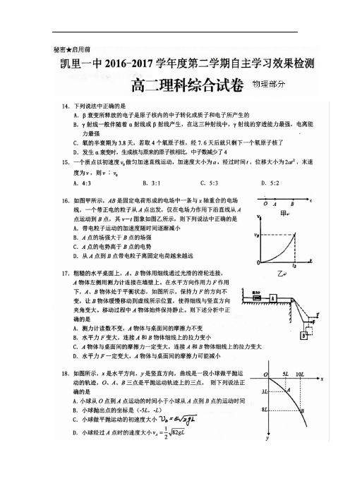 2016-2017学年贵州省凯里市第一中学高二下学期自主学习效果检测理综-物理试题 扫描版含答案