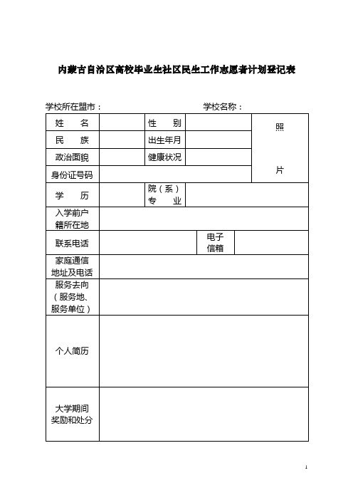 内蒙古自治区高校毕业生社区民生工作志愿者计划登记表